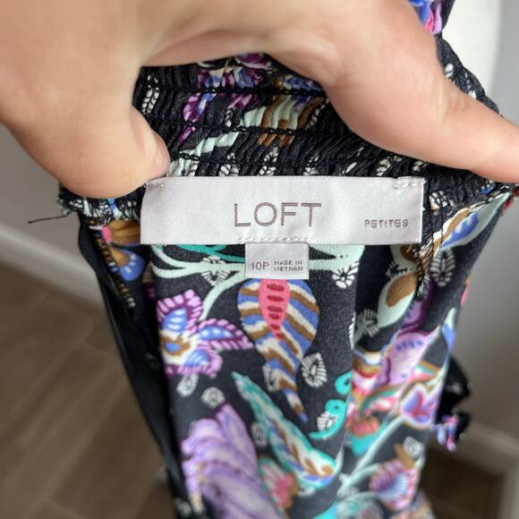 Loft Black Floral Mock Neck Long Sleeve Babydoll Dress Size 10 Petite - Picture 8 of 11